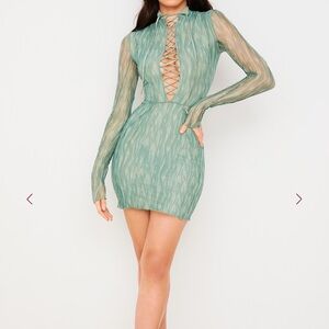 House of CB Teal Lace-Up Long Sleeve Dress- Dylan Dress